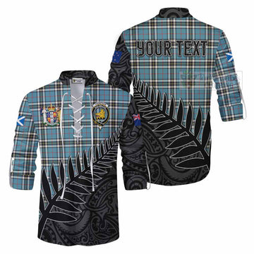 Thompson (Thomson) Crest Tartan Ghillie Kilt Shirt with New Zealand Silver Fern Half Style Men - Tartan Vibes Clothing