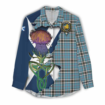 Thompson (Thomson) Tartan Family Crest Women's Casual Shirt Scottish Thistle Celtic Inspired Female - Tartan Vibes Clothing