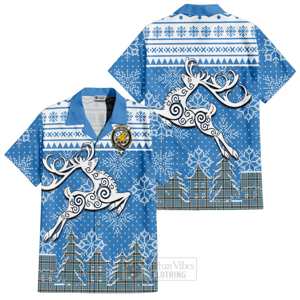 Tartan Vibes Clothing Thompson (Thomson) Clan Christmas Short Sleeve Button Shirt Celtic Reindeer Style