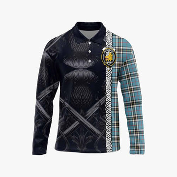 Thompson (Thomson) Tartan Long Sleeve Polo Shirt with Family Crest Cross Sword Thistle Celtic Vibes Unisex - Tartan Vibes Clothing