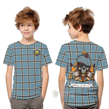 Thompson (Thomson) Tartan Kid T-Shirt with Family Crest and Bearded Skull Holding Bottles of Whiskey Youth XL Size14 - Tartan Vibes Clothing