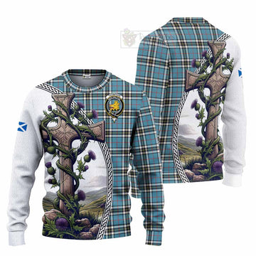 Thompson (Thomson) Tartan Knitted Sweater with Family Crest and St. Andrew's Cross Accented by Thistle Vines Unisex - Tartan Vibes Clothing