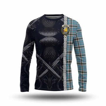 Thompson (Thomson) Tartan Long Sleeve T-Shirt with Family Crest Cross Sword Thistle Celtic Vibes