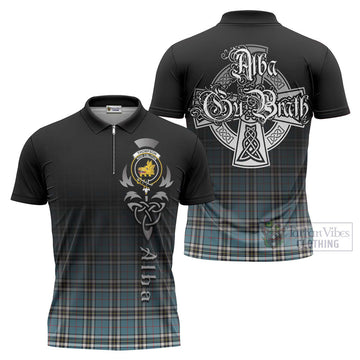 Thompson (Thomson) Tartan Zipper Polo Shirt Featuring Alba Gu Brath Family Crest Celtic Inspired Unisex - Tartan Vibes Clothing