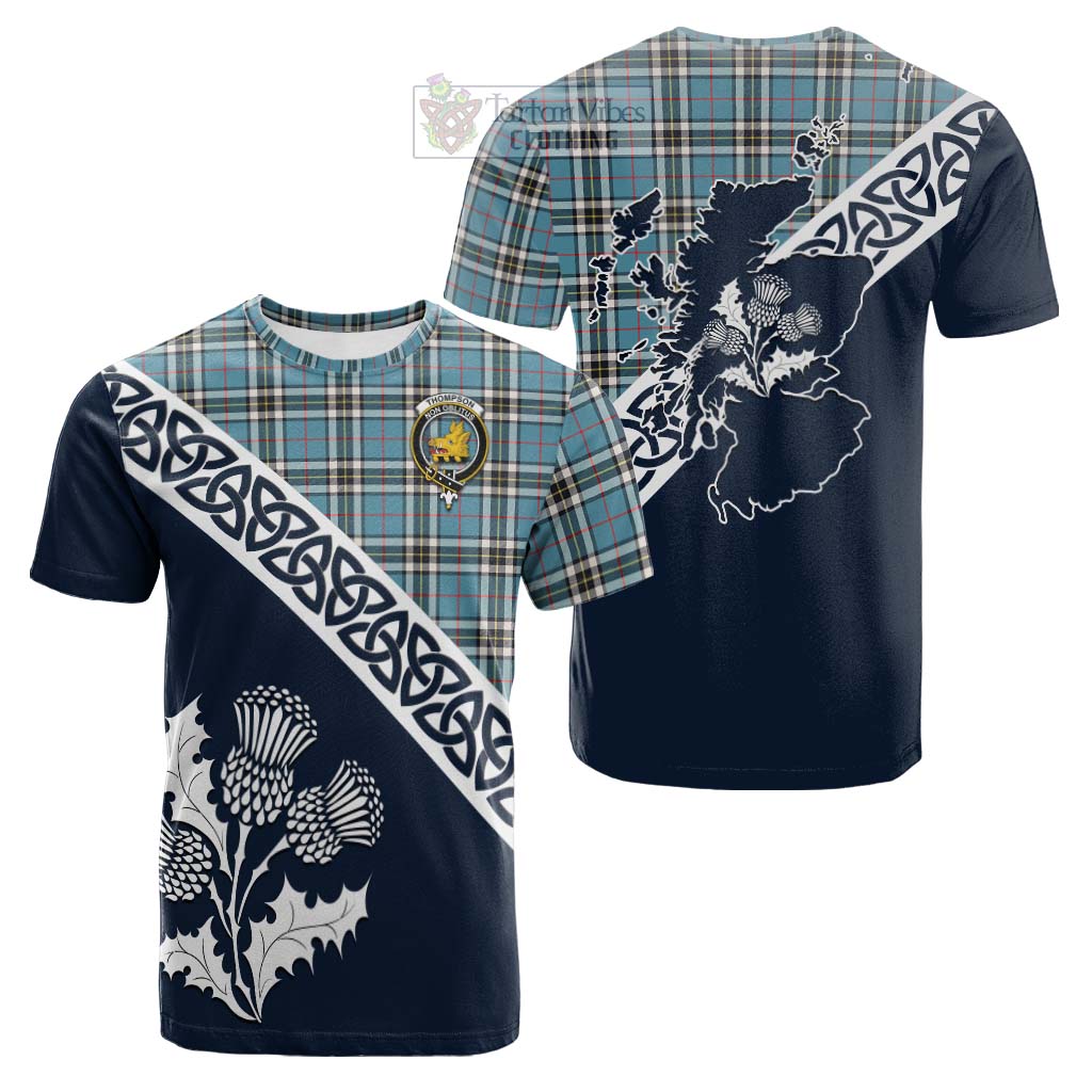 Tartan Vibes Clothing Thompson (Thomson) Tartan Cotton T-shirt Featuring Thistle and Scotland Map