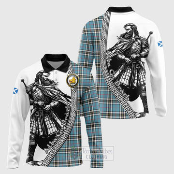 Thompson (Thomson) Tartan Clan Crest Long Sleeve Polo Shirt with Highlander Warrior Celtic Style Unisex - Tartan Vibes Clothing
