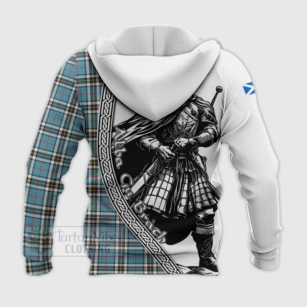 Thompson (Thomson) Tartan Clan Crest Knitted Hoodie with Highlander Warrior Celtic Style - Tartan Vibes Clothing