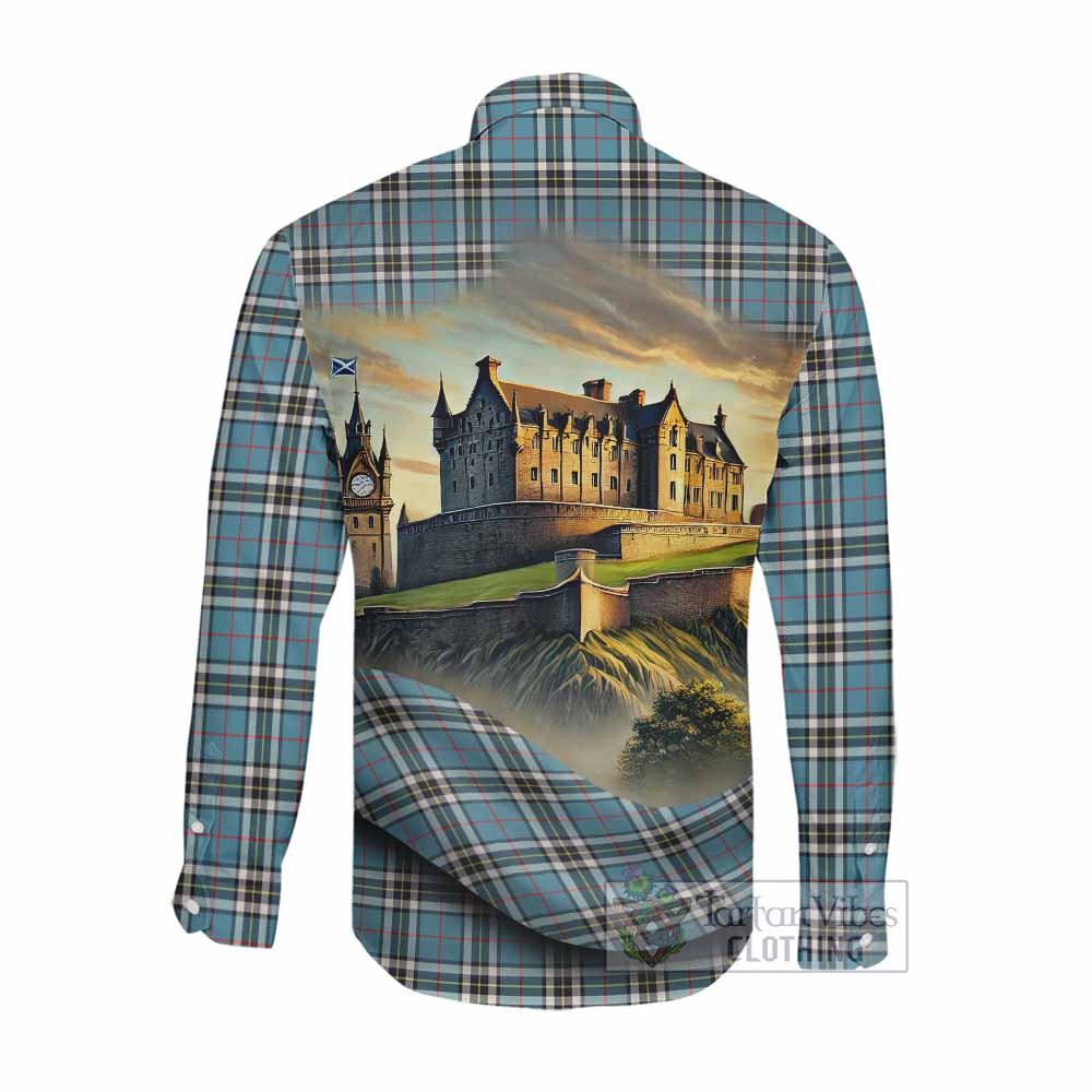 Thompson (Thomson) Tartan Family Crest Long Sleeve Button Shirt with Scottish Ancient Castle Style Men's Shirt - Tartan Vibes Clothing