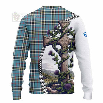 Thompson (Thomson) Tartan Knitted Sweater with Family Crest and St. Andrew's Cross Accented by Thistle Vines - Tartan Vibes Clothing
