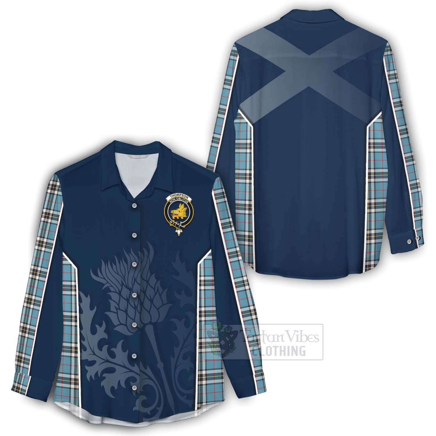 Tartan Vibes Clothing Thompson (Thomson) Tartan Women's Casual Shirt with Family Crest and Scottish Thistle Vibes Sport Style