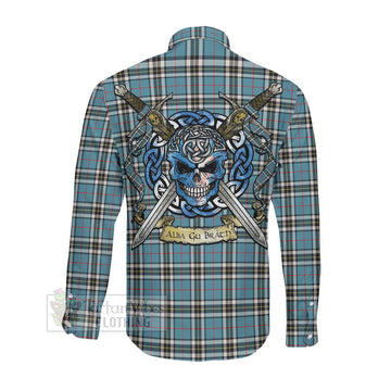 Thompson (Thomson) Tartan Long Sleeve Button Shirt with Family Crest Celtic Skull Style Men's Shirt - Tartan Vibes Clothing