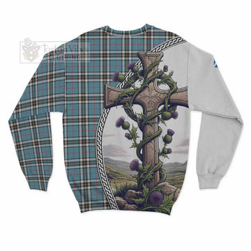 Thompson (Thomson) Tartan Sweatshirt with Family Crest and St. Andrew's Cross Accented by Thistle Vines - Tartan Vibes Clothing
