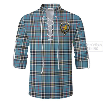 Thompson (Thomson) Tartan Ghillie Kilt Shirt with Family Crest and Bearded Skull Holding Bottles of Whiskey - Tartan Vibes Clothing