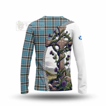 Thompson (Thomson) Tartan Long Sleeve T-Shirt with Family Crest and St. Andrew's Cross Accented by Thistle Vines - Tartan Vibes Clothing