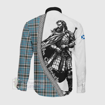 Thompson (Thomson) Tartan Clan Crest Long Sleeve Button Shirt with Highlander Warrior Celtic Style Men's Shirt - Tartan Vibes Clothing