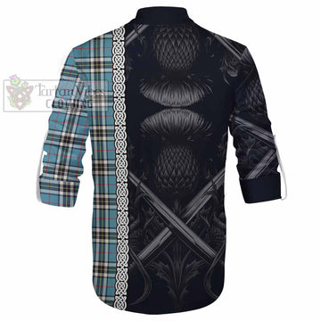 Thompson (Thomson) Tartan Ghillie Kilt Shirt with Family Crest Cross Sword Thistle Celtic Vibes - Tartan Vibes Clothing