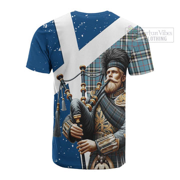 Thompson (Thomson) Tartan Cotton T-shirt with Family Crest Scottish Bagpiper Vibes - Tartan Vibes Clothing