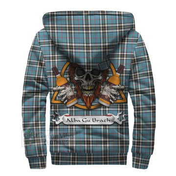 Thompson (Thomson) Tartan Sherpa Hoodie with Family Crest and Bearded Skull Holding Bottles of Whiskey - Tartan Vibes Clothing