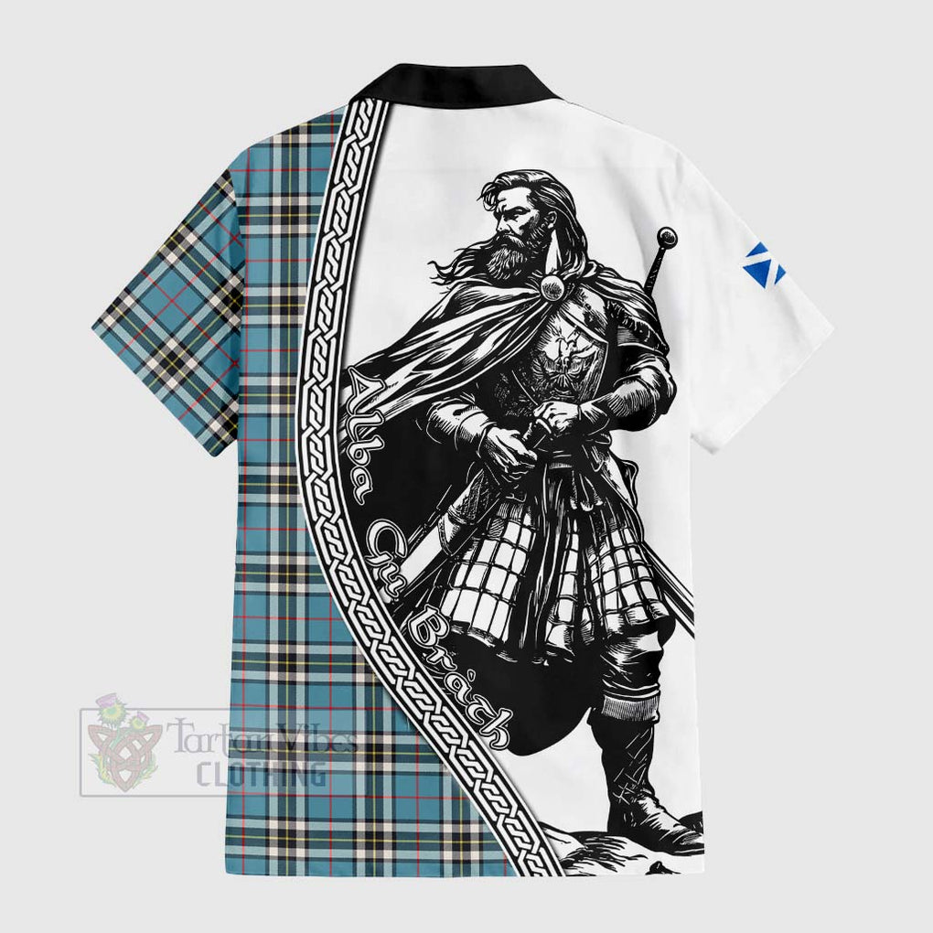 Thompson (Thomson) Tartan Clan Crest Hawaiian Shirt with Highlander Warrior Celtic Style - Tartan Vibes Clothing