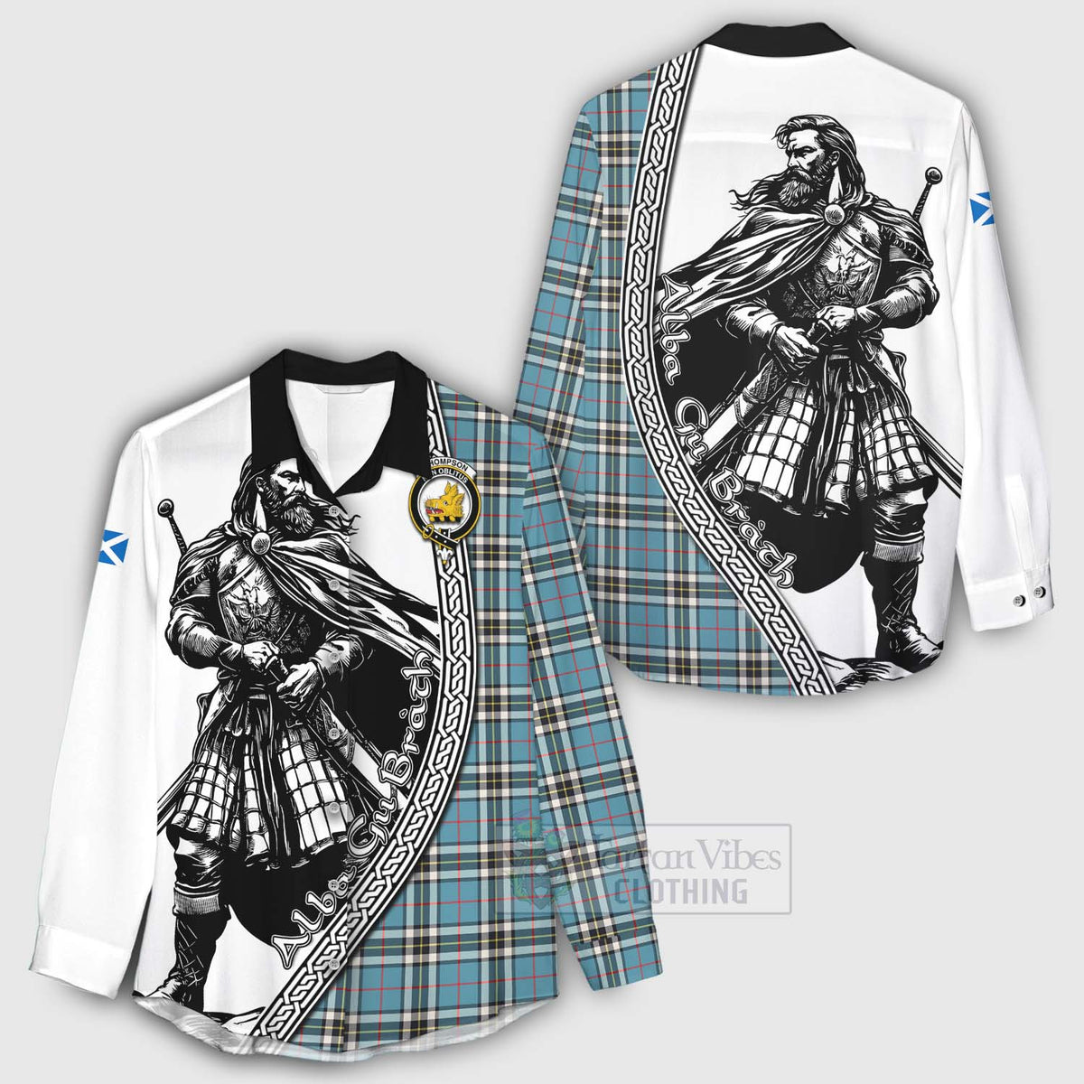 Thompson (Thomson) Tartan Clan Crest Women's Casual Shirt with Highlander Warrior Celtic Style - Tartan Vibes Clothing