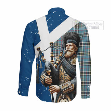 Thompson (Thomson) Tartan Long Sleeve Button Shirt with Family Crest Scottish Bagpiper Vibes - Tartan Vibes Clothing