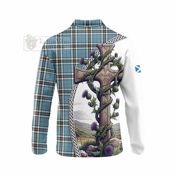 Thompson (Thomson) Tartan Long Sleeve Polo Shirt with Family Crest and St. Andrew's Cross Accented by Thistle Vines - Tartan Vibes Clothing