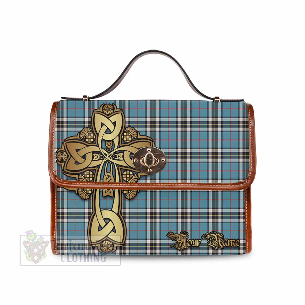 Thompson (Thomson) Tartan Waterproof Canvas Bag Golden Thistle Celtic Cross Style Brown Leather Strap One Size 10.5*20*27cm - Tartan Vibes Clothing