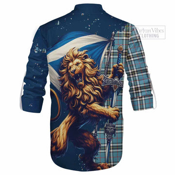 Thompson (Thomson) Tartan Family Crest Ghillie Kilt Shirt with Scottish Majestic Lion