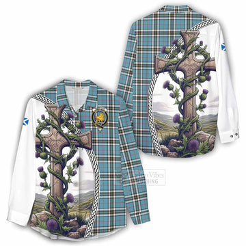 Thompson (Thomson) Tartan Women's Casual Shirt with Family Crest and St. Andrew's Cross Accented by Thistle Vines - Tartan Vibes Clothing