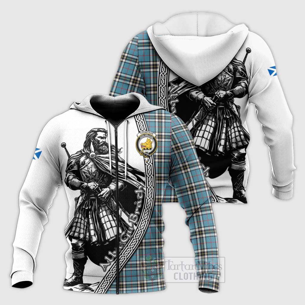Thompson (Thomson) Tartan Clan Crest Knitted Hoodie with Highlander Warrior Celtic Style Unisex Knitted Zip Hoodie - Tartan Vibes Clothing