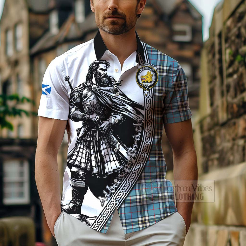Thompson (Thomson) Tartan Clan Crest Hawaiian Shirt with Highlander Warrior Celtic Style - Tartan Vibes Clothing