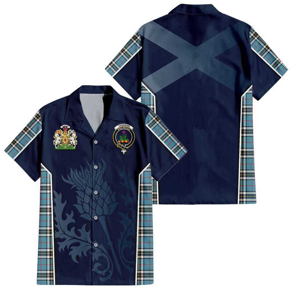 Tartan Vibes Clothing Thomson Tartan Short Sleeve Button Up Shirt with Family Crest and Scottish Thistle Vibes Sport Style