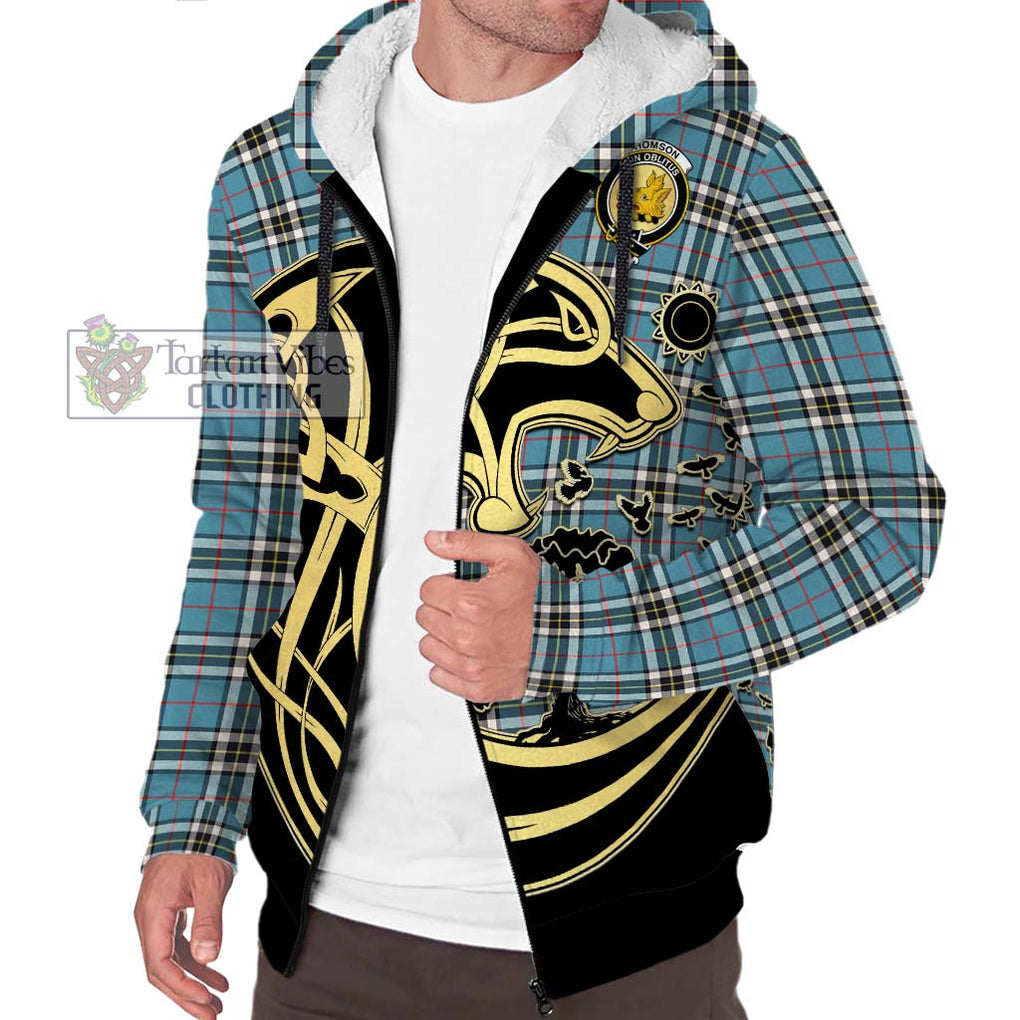 Thompson (Thomson) Tartan Sherpa Hoodie with Family Crest Celtic Wolf Style Unisex S - Tartan Vibes Clothing