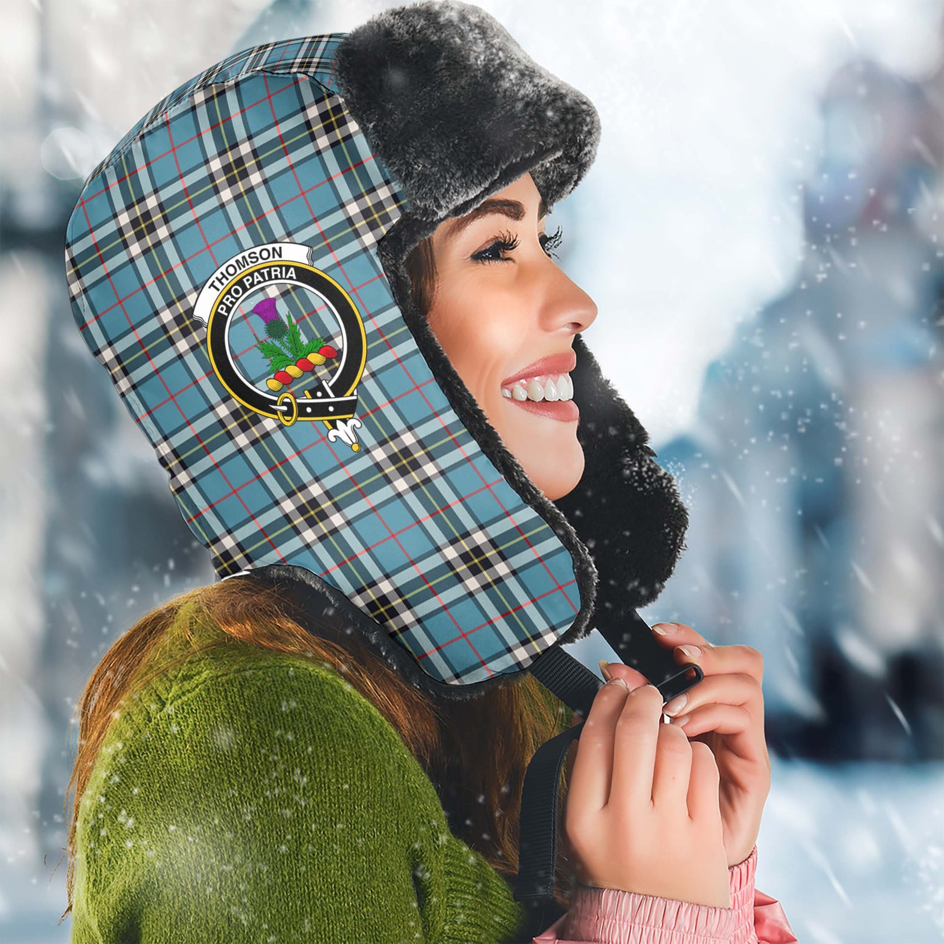 Thomson Tartan Winter Trapper Hat with Family Crest Winter Trapper Hat Universal Fit Circumference 22.8in (58cm) - Tartanvibesclothing