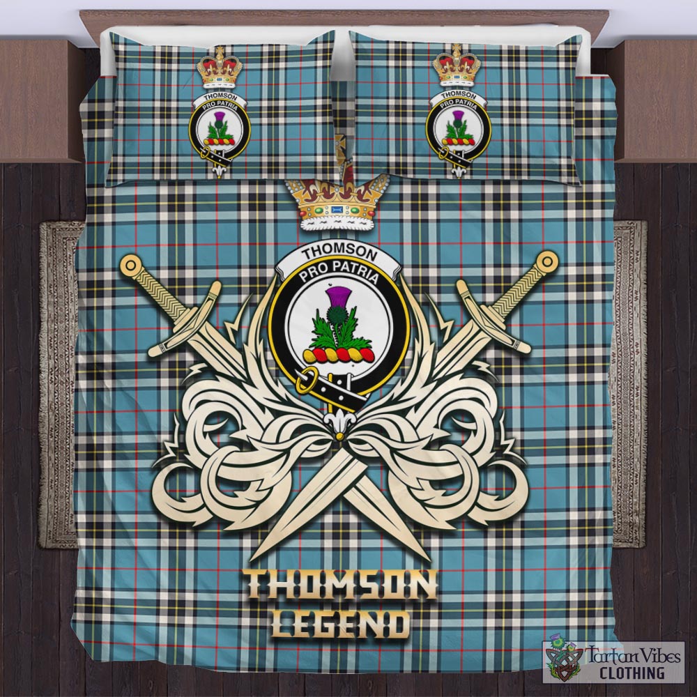 Tartan Vibes Clothing Thomson Tartan Bedding Set with Clan Crest and the Golden Sword of Courageous Legacy