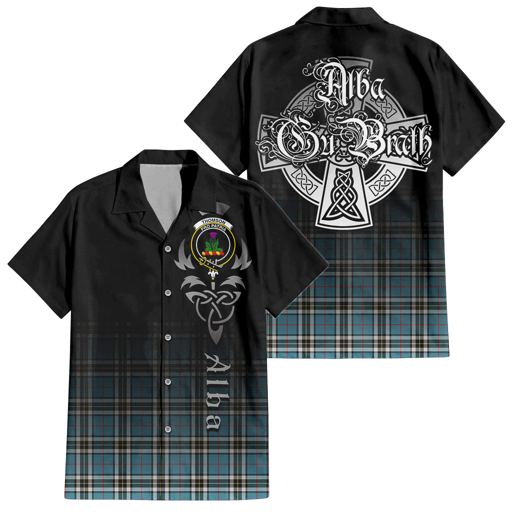 Tartan Vibes Clothing Thomson Tartan Short Sleeve Button Up Featuring Alba Gu Brath Family Crest Celtic Inspired