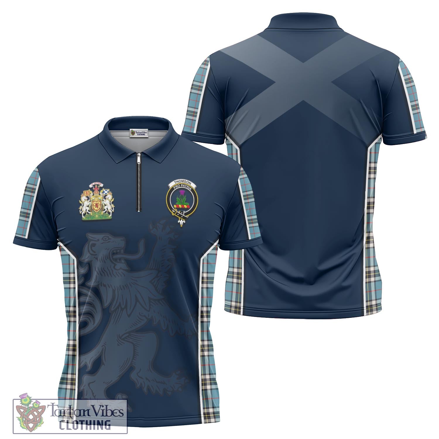 Tartan Vibes Clothing Thomson Tartan Zipper Polo Shirt with Family Crest and Lion Rampant Vibes Sport Style