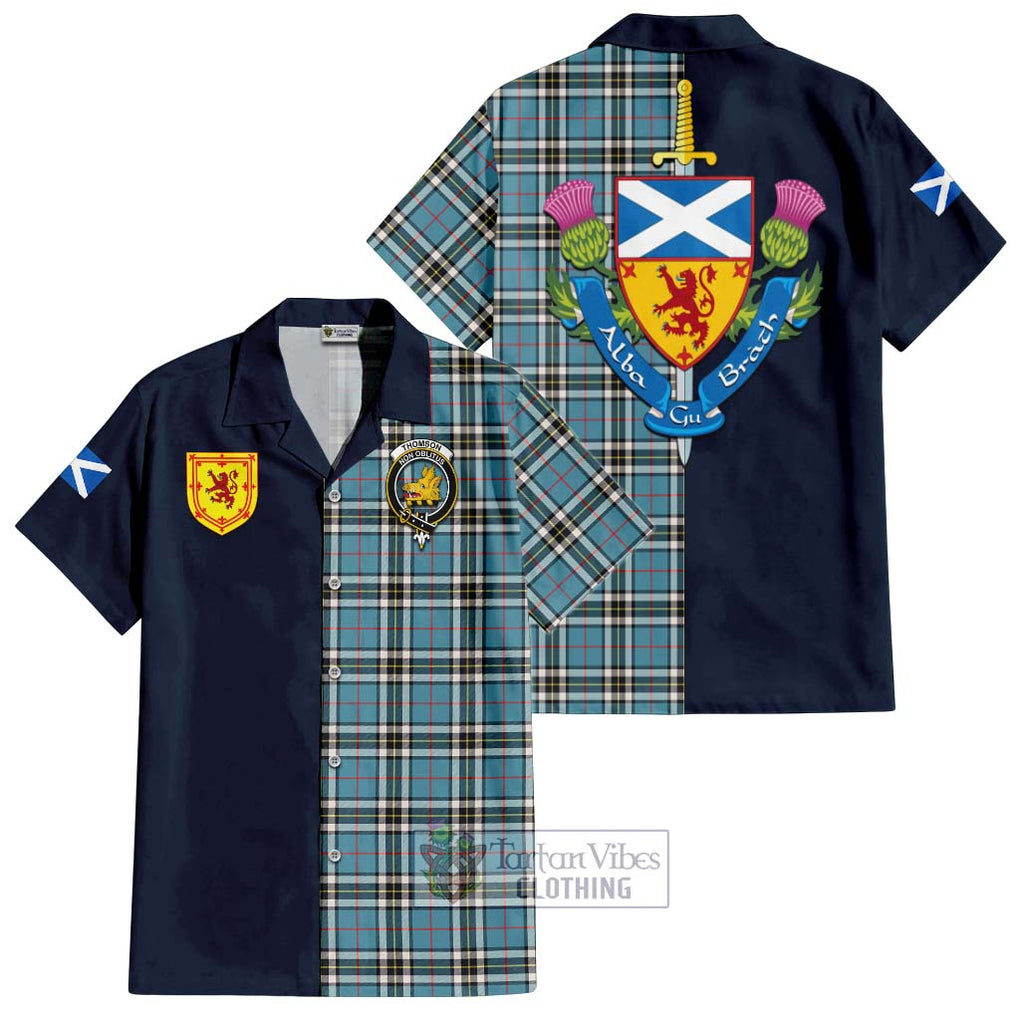 Tartan Vibes Clothing Thomson Tartan Short Sleeve Button Shirt with Scottish Lion Royal Arm Half Style