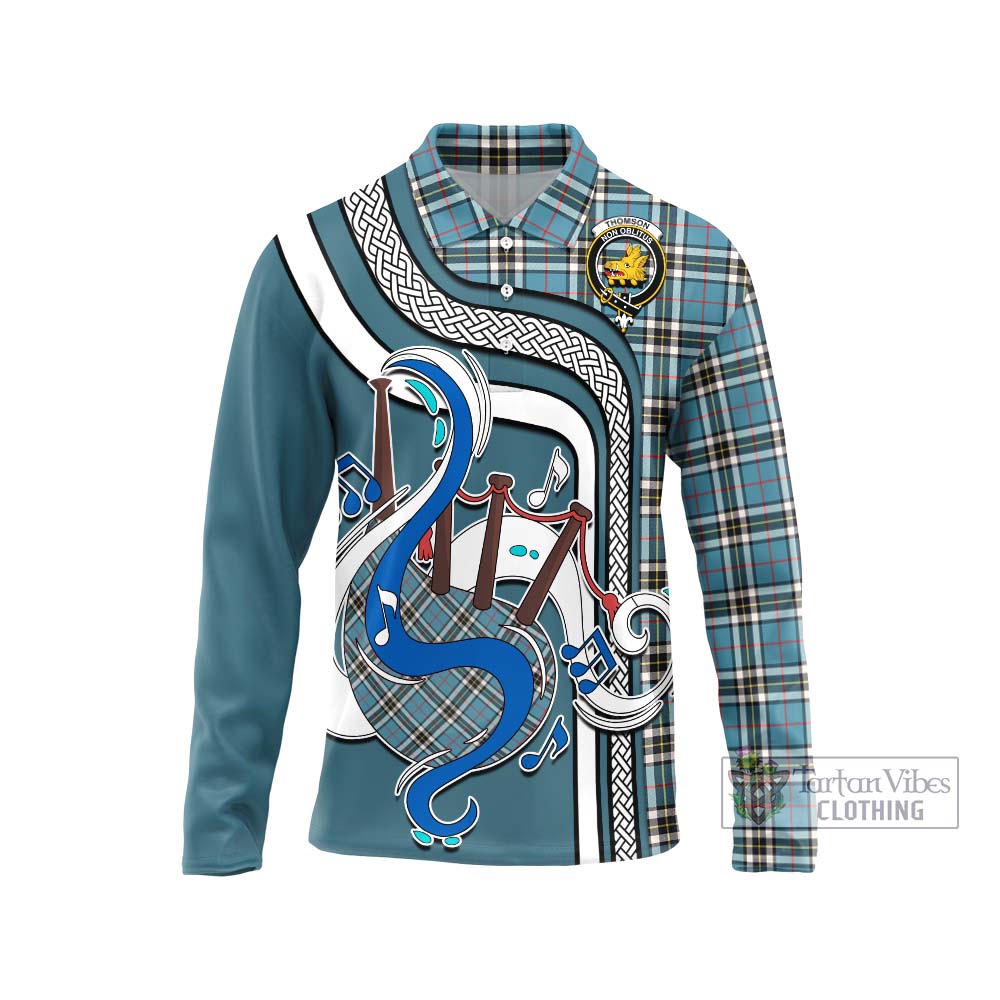 Tartan Vibes Clothing Thomson Tartan Long Sleeve Polo Shirt with Epic Bagpipe Style