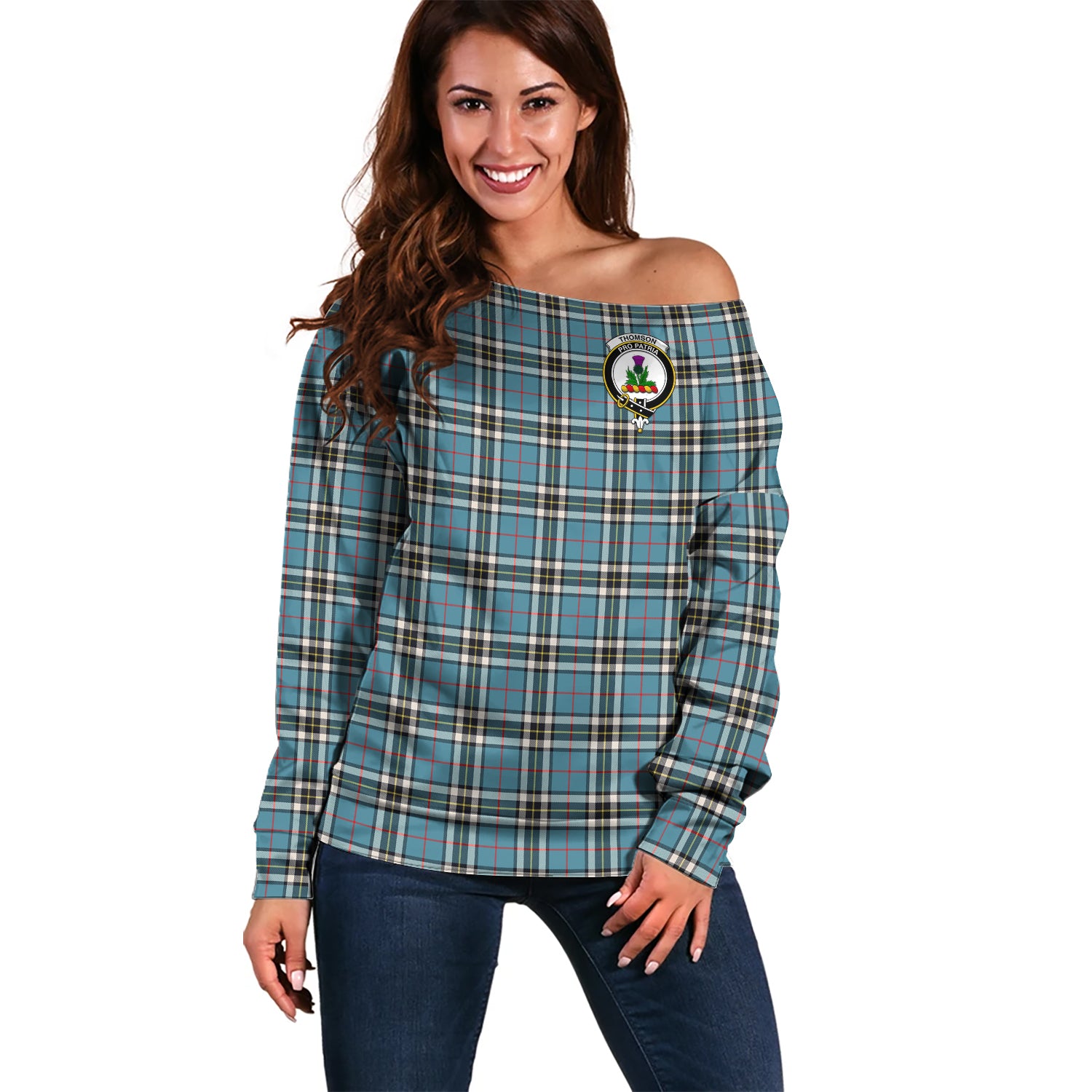 Thomson Tartan Off Shoulder Women Sweater with Family Crest Women - Tartanvibesclothing Shop