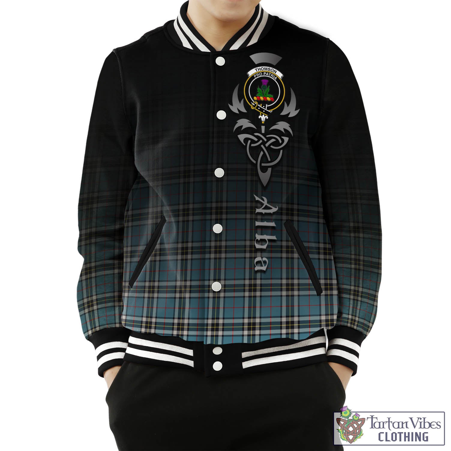 Tartan Vibes Clothing Thomson Tartan Baseball Jacket Featuring Alba Gu Brath Family Crest Celtic Inspired