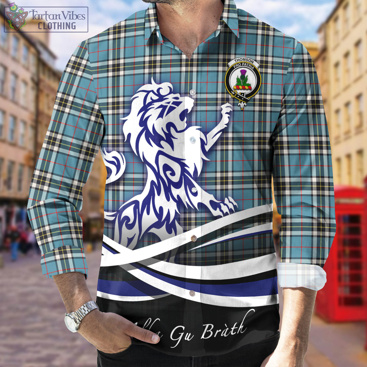 Thompson (Thomson) Tartan Long Sleeve Button Up Shirt with Alba Gu Brath Regal Lion Emblem Men's Shirt - Tartan Vibes Clothing