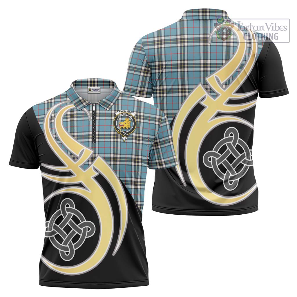 Tartan Vibes Clothing Thomson Tartan Zipper Polo Shirt with Family Crest and Celtic Symbol Style