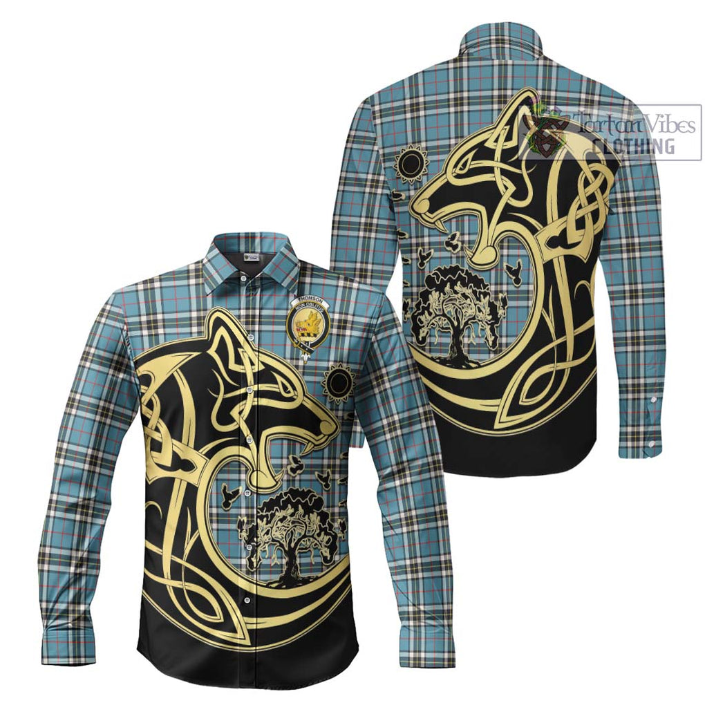 Thompson (Thomson) Tartan Long Sleeve Button Shirt with Family Crest Celtic Wolf Style Men's Shirt S - Tartan Vibes Clothing