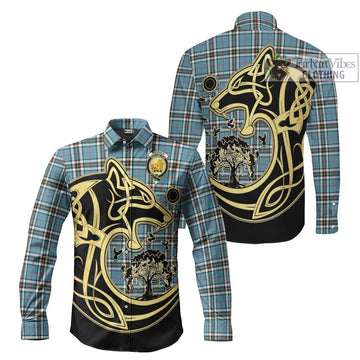 Thompson (Thomson) Tartan Long Sleeve Button Shirt with Family Crest Celtic Wolf Style