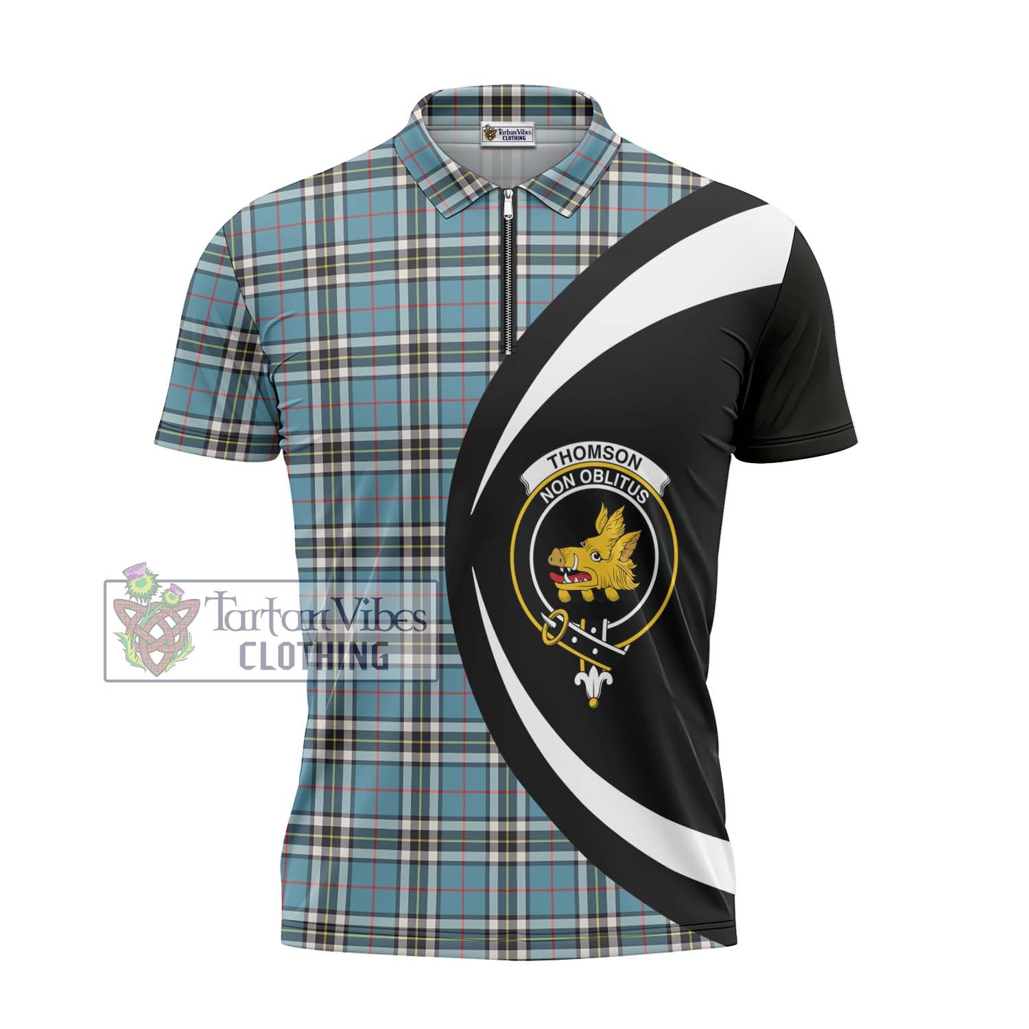 Thompson (Thomson) Tartan Zipper Polo Shirt with Family Crest Circle Style - Tartan Vibes Clothing