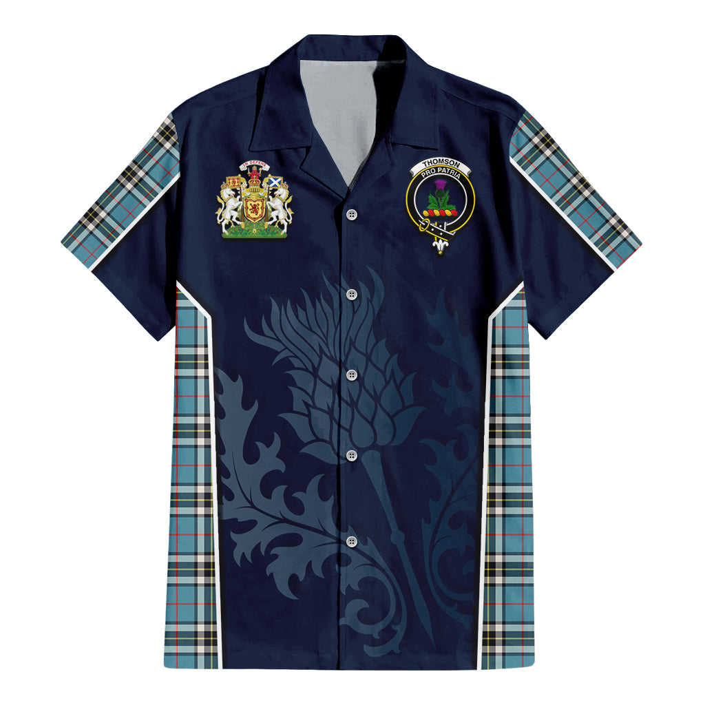 Tartan Vibes Clothing Thomson Tartan Short Sleeve Button Up Shirt with Family Crest and Scottish Thistle Vibes Sport Style