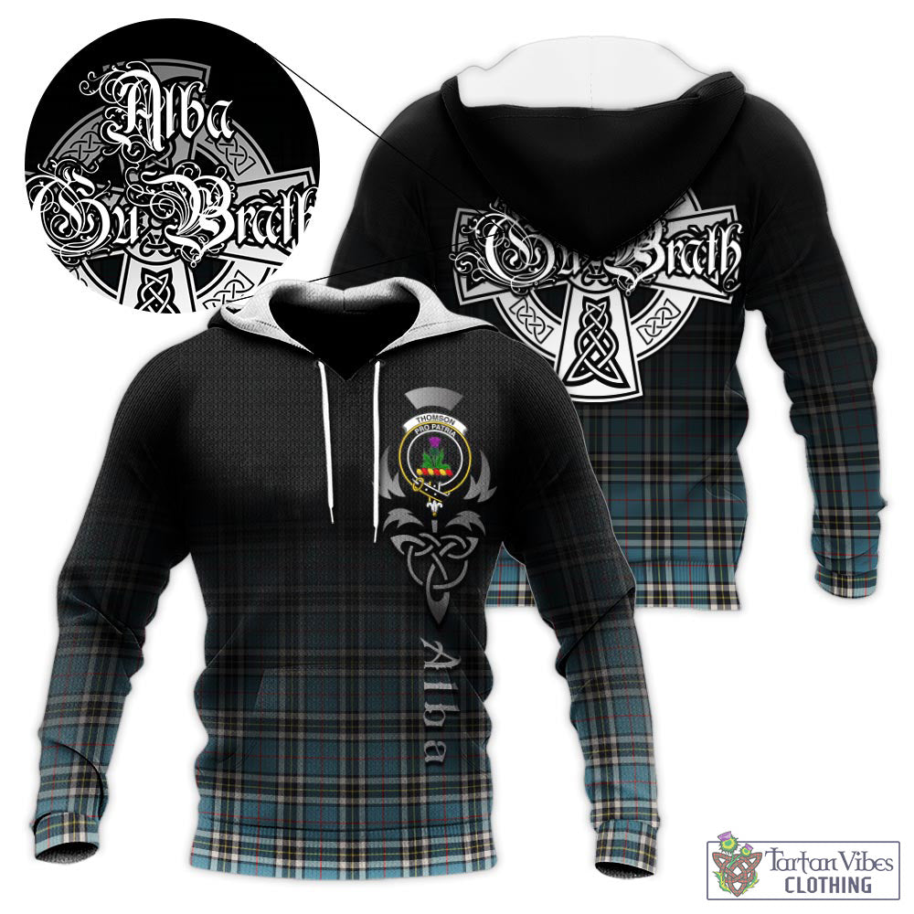 Tartan Vibes Clothing Thomson Tartan Knitted Hoodie Featuring Alba Gu Brath Family Crest Celtic Inspired