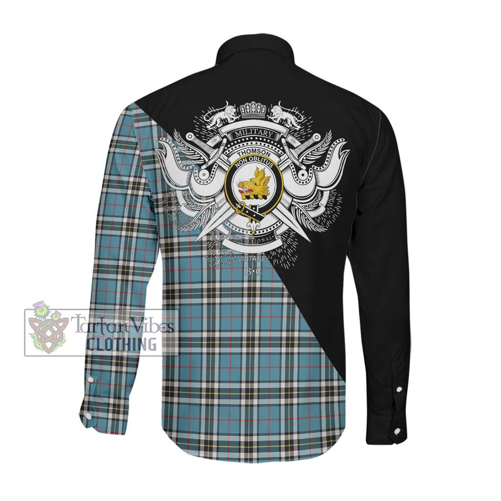 Thompson (Thomson) Tartan Long Sleeve Button Shirt with Family Crest and Military Logo Style Men's Shirt - Tartanvibesclothing Shop