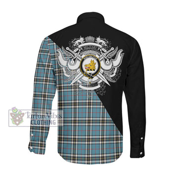 Thompson (Thomson) Tartan Long Sleeve Button Shirt with Family Crest and Military Logo Style